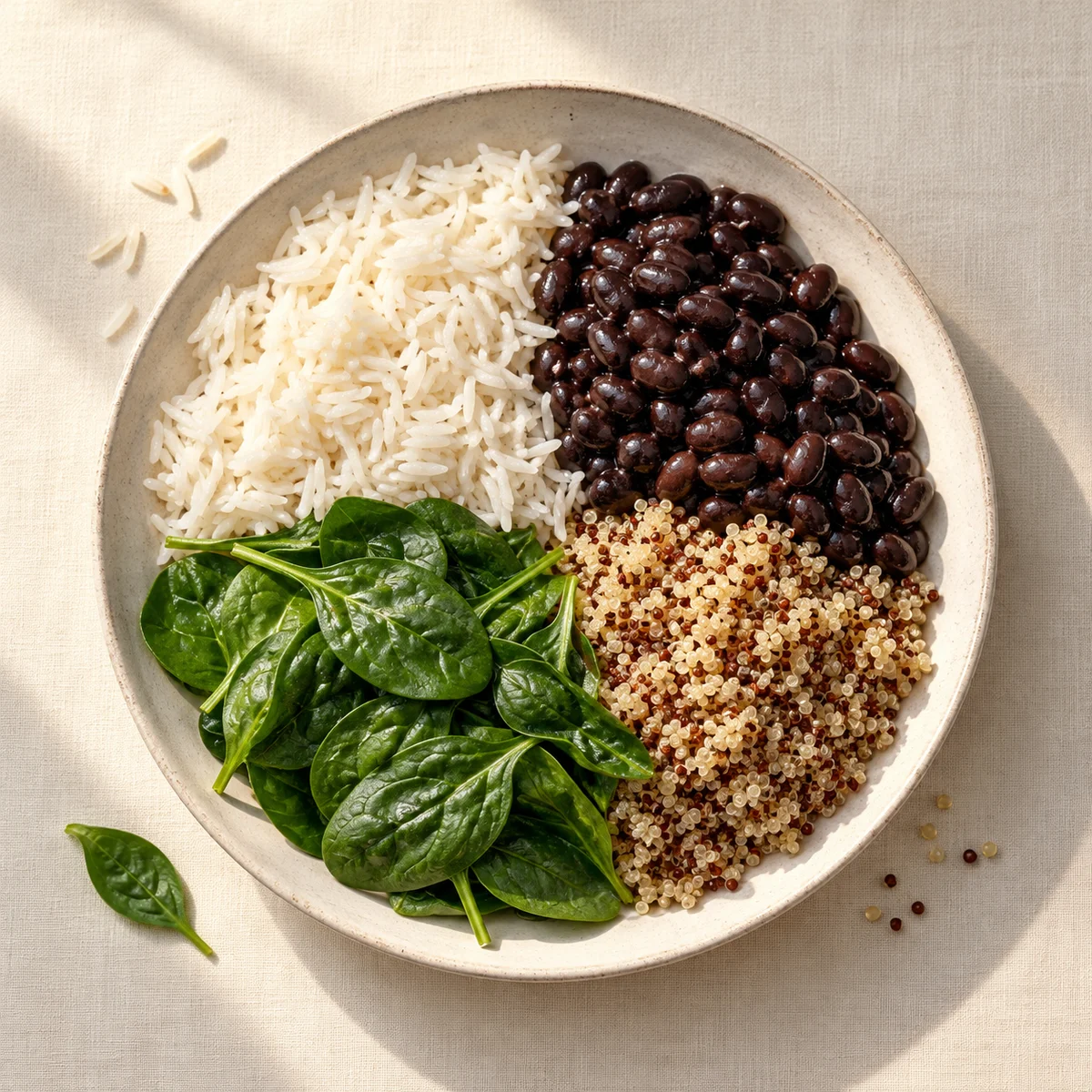 An overhead plate of rice, black beans, quinoa and spinach